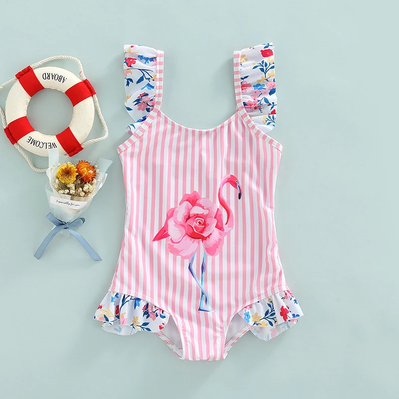 

New Toddler Girl's Summer Bikini Swimwear Stripe Flamingo Print Sleeveless Ruffled Summer Jumpsuit Swimsuit Kids Beachwear 4-9Y