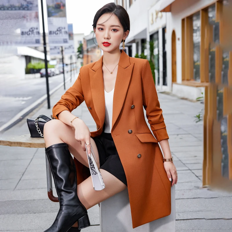 Khaki orange black medium long windbreaker coat women's autumn new loose double breasted temperament commuter suit top