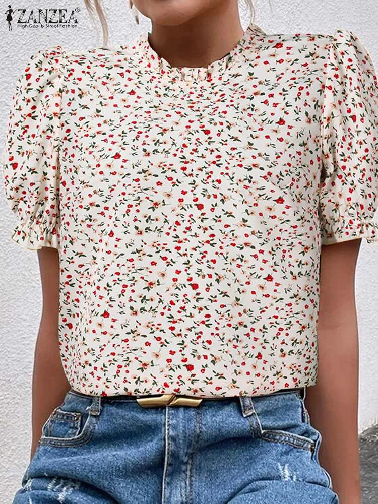 

Летняя богемная блузка ZANZEA, женские праздничные Топы с коротким рукавом, Повседневная винтажная рубашка с цветочным принтом и оборками, женские пляжные Блузы