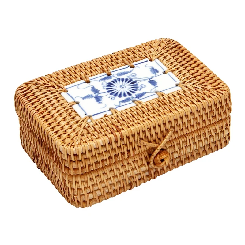 

Rattan Woven Storage Box With Lid Handmade Jewelry Boxes Makeup Organizer Wooden For Sundries Tea Case Containers Gift