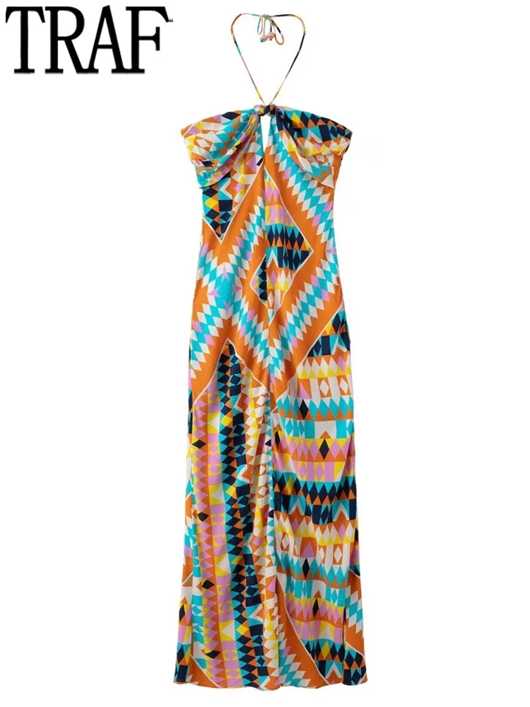 

TRAF 2022 Printed Halter Long Dress Women Backless Boho Dress Woman Off Shoulder Beach Sexy Summer Dresses Pleated Midi Dresses