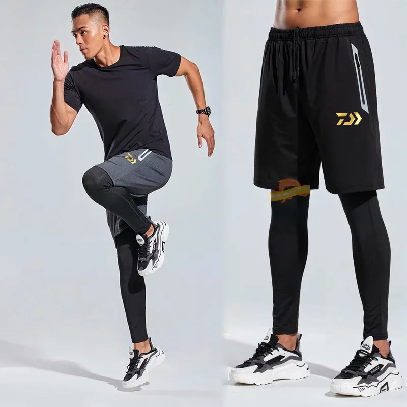 

2023 New Men's Fishing Pants Men's Leggings Fake Two Piece Fitness Sports Running Training Quick Dry Thin Hiking Cycling Pants