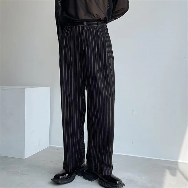 Straight-leg pants mens Korean wild striped drape loose wide-leg trousers casual barber ropa homme calça roupas masculinas vetem