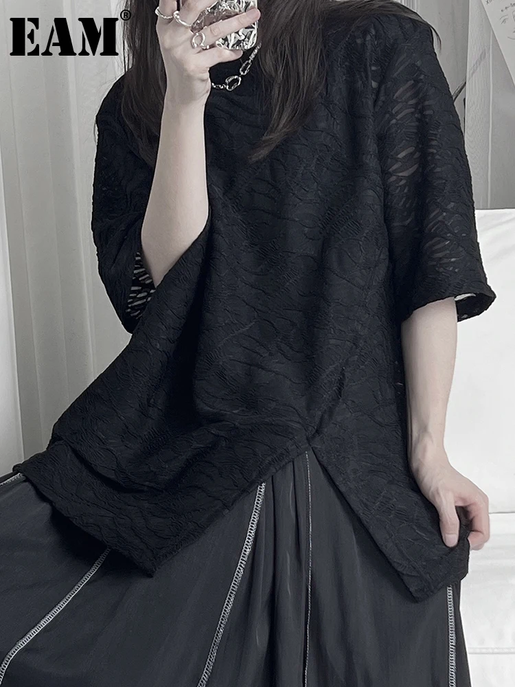 

[EAM] Женская Черная Повседневная футболка с асимметричным подолом большого размера, новая модная футболка с круглым вырезом и коротким рука...