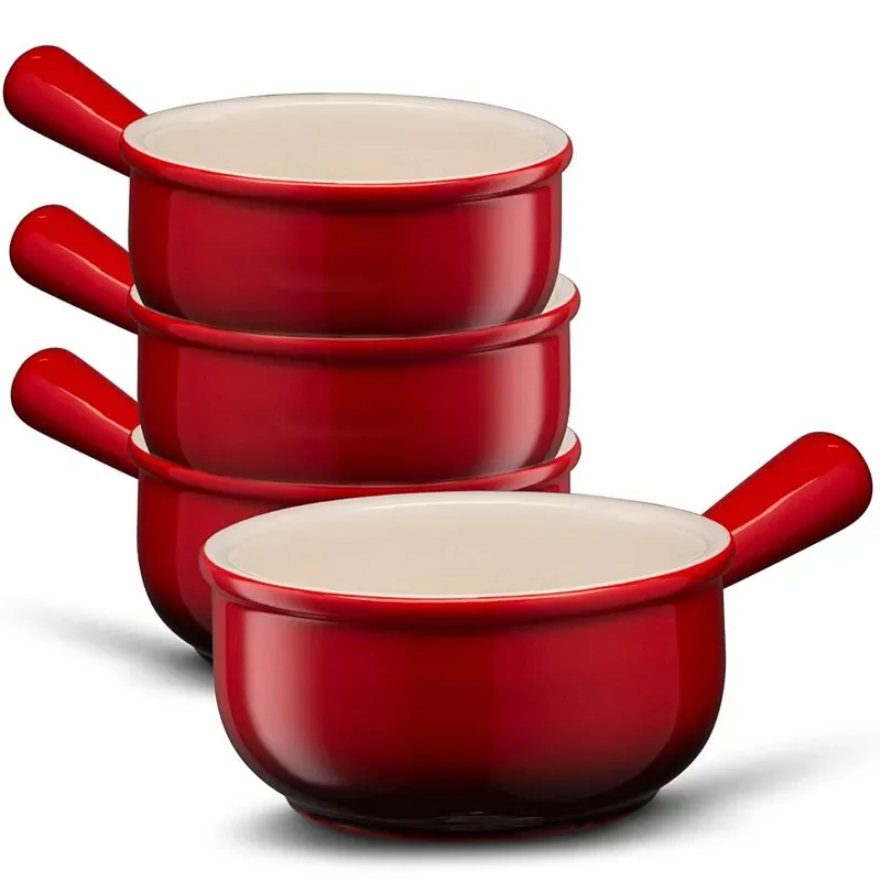 

French Onion Soup Crock Ceramic Bowls 4-Piece Stoneware Kitchen Set, Red Ombre