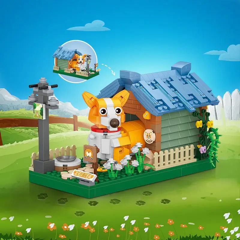 

500pcs Loz Corgi Dog Home Mini Building Blocks Farm Scene Dog Black Nose Sheep Dog House Sheepfold Toys Building Block Gift 6+