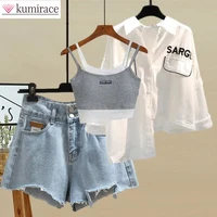 2022 new large womens summer suit fashionable womens casual shirt fake two piece suspender cowboy shorts three piece set