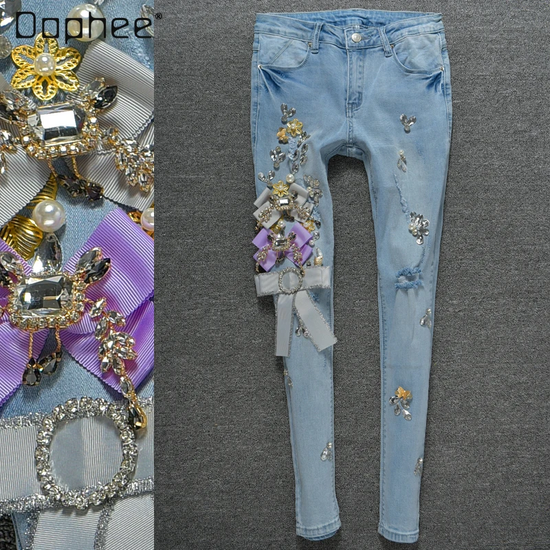 

2022 Spring New Diamond Studded By Hand Beaded Rhinestone Pencil Jeans Women's Stretchy Burr Skinny Denim Long Trousers Fashion