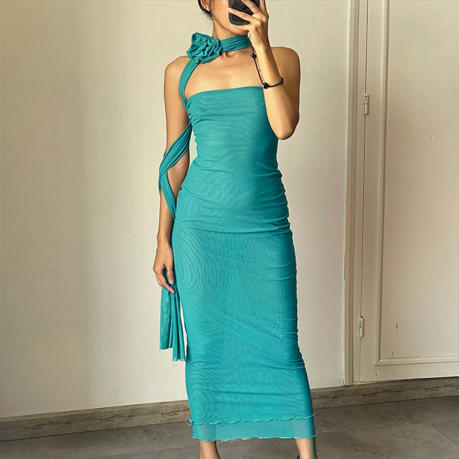 

Women Floral Streamer Dress Rose Streamer Dress Elegant Style Ladies Off Shoulder Backless Sleeveless Cocktail Party Suit
