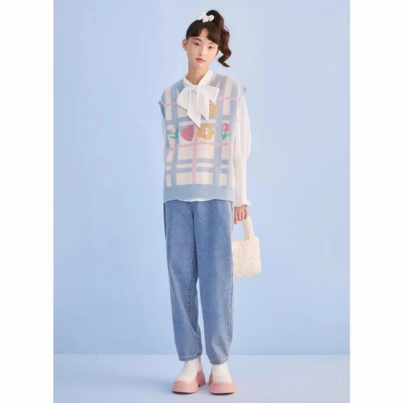 Kimotimo Kawaii вязаный жилет женский с v-образным вырезом вышивка цветок клетчатый