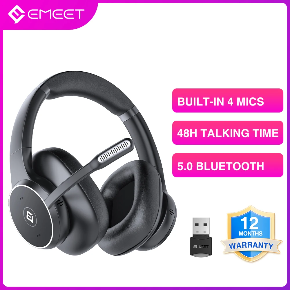 Bluetooth Headset with Microphone Professional ANC Noise Cancelling EMEET Headphones with 6 VOICEIA Tech Mics for Computer