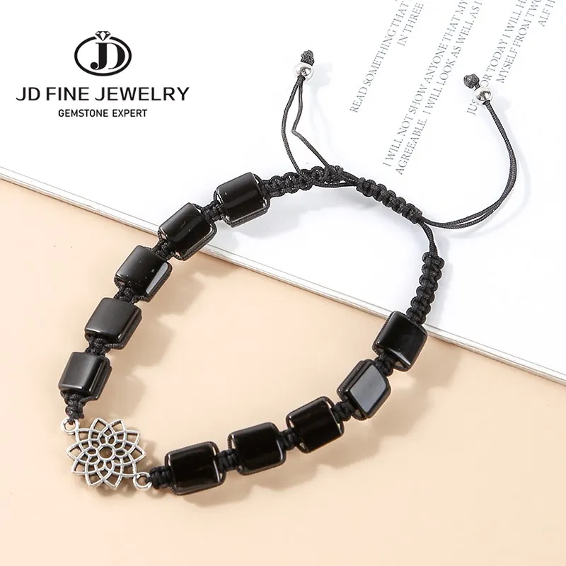 

JD Natural Black Agate Square Lotus Woven Bracelet Men Women Handmade Adjustable Energy Healing Braided Bangles Bohemia Jewelry