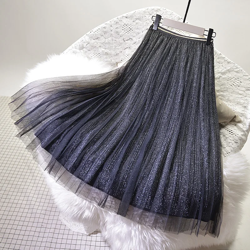 

2023 Pleated Skirt, Half-length and Ankle Skirt, New Glittering Mesh Skirt, Women's Multiple Colors Available
