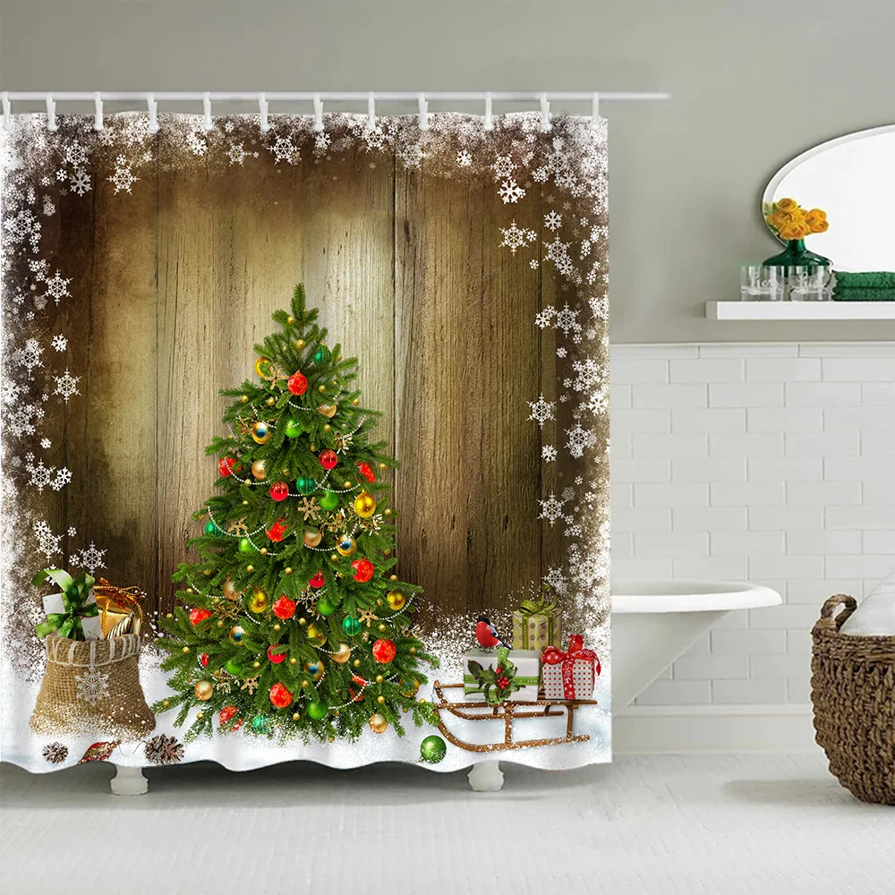 Christmas Shower Curtains Pine Branch Red Rope Ball Xmas Tree Sled Vintage Wooden Board New Year Home Bathroom Decor Curtain Set