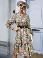 floral print v neck shirt dress women autumn long sleeve a line irregular ruffles ol lady elegant vintage maxi 2022 new