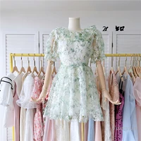 2022 summer sweet green flower print dresses womens new design ruffled round neck backless lace up midi chiffon dress vacation