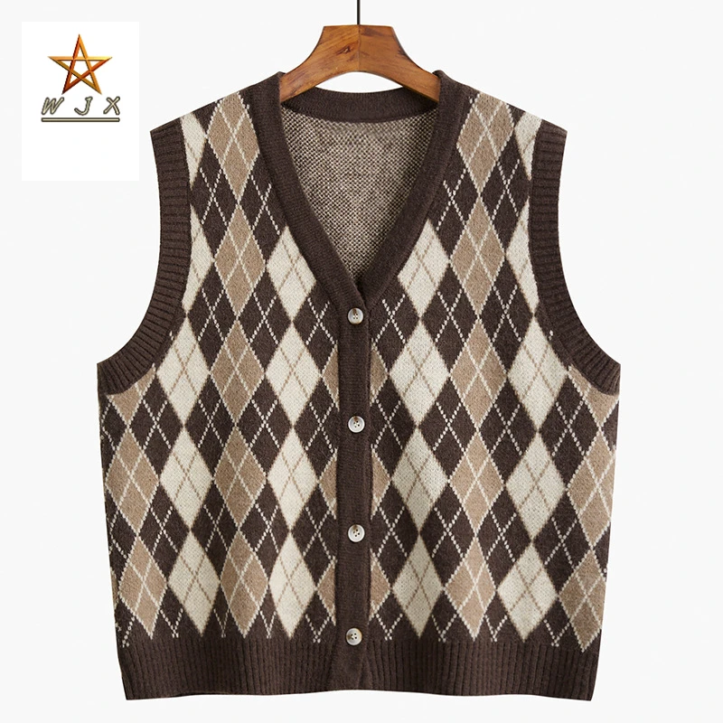 

Autumn and winter 2022 New diamond plaid vest v neck sweater Versatile cardigan coat Women wear waistcoat jacket