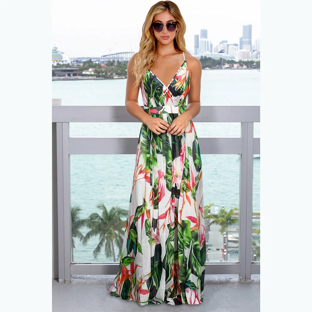European and American Spring and Summer New Dress Bohemian Floral Suspender Dress Amazon Foreign Trade Women's Dress Large