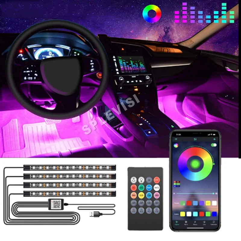 

RGB LED Car Interior Bluetooth USB Light Strip, w/ Wireless Remote and APP Control 4PCS Under Dash Footwell Ambient Lights Kits