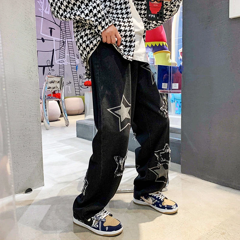 Vintage Women's Men's Korean Denim Pants Y2K Cltohes Streetwear Printed Patchwork Male Baggy Jeans Straight Trousers for Men