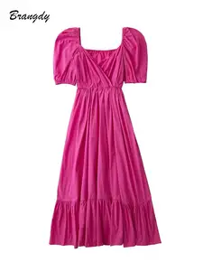 2022 Summer Maxi Midi Dresses Pink Puff Sleeve Dress Women V-neck Short Sleeve Ball Long Sundress Elegant Dress For Women Dress