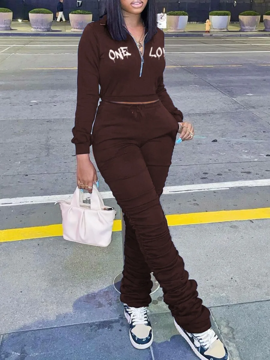 

LW Casual 2 Two Piece Set One Love Letter Print Ruched Pants Set Sporty Leggings Matching Stretchy Skinny Fitness Print Streetwe