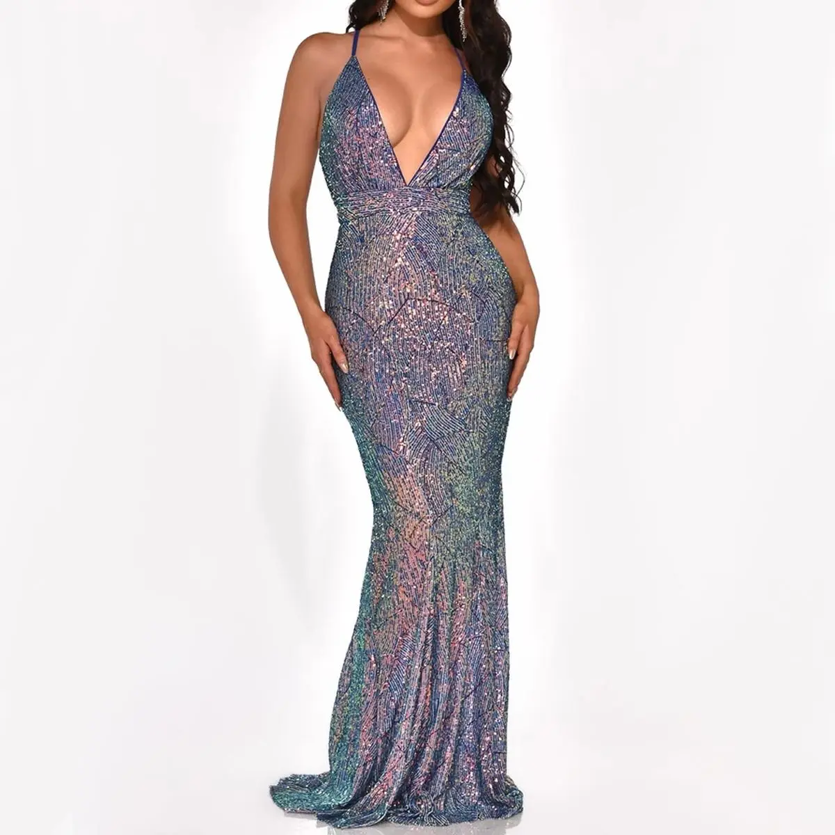 

Sequined Bling Woman Banquet Dress Summer Spaghetti Strap Female Vestido V-neck Bodycon Woman Party Dress