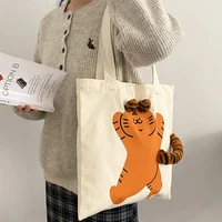 cute tiger shopping bag for women large capacity canvas shoulder bags girls book storage bags ins fashion kawaii tote bags mo496