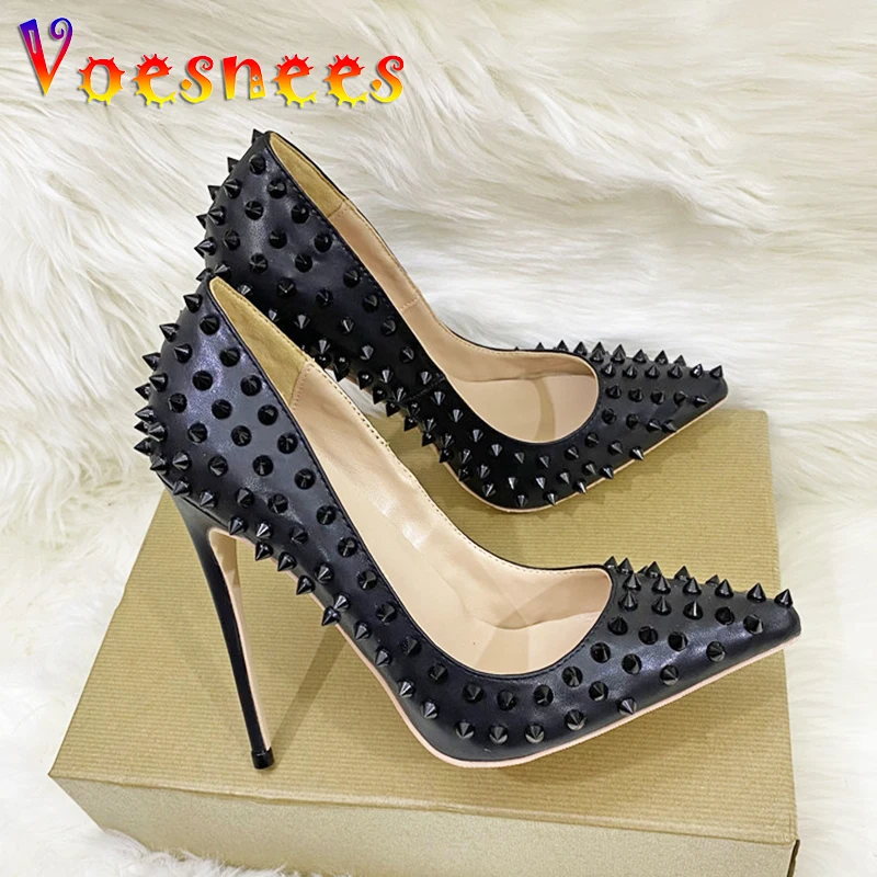 

12CM Night Club Punk Women Pumps Europe And America Style Fashion Pointed Toe Slip On High Heels Black Rivet Stage Star Shoes