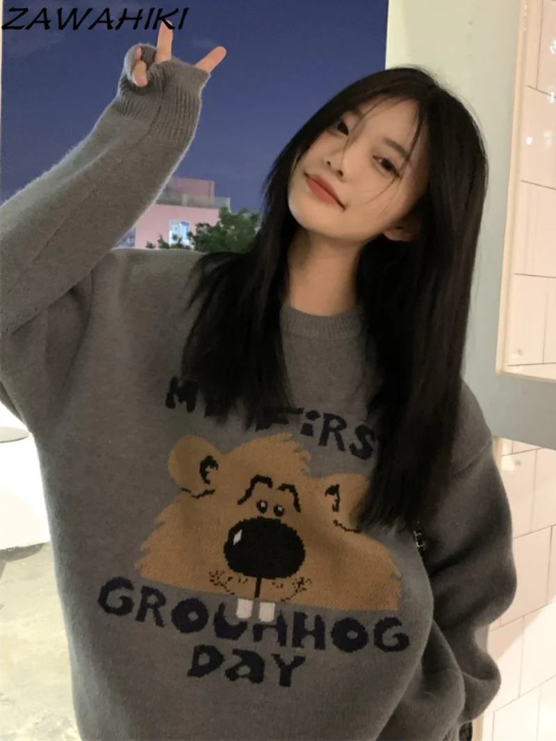 

Kawaii Cartoon Bear Embroidery Knitted Pullover Shirt Autumn Winter Womens Knitwear Loose Sweater Vintage Women Warm Jumper