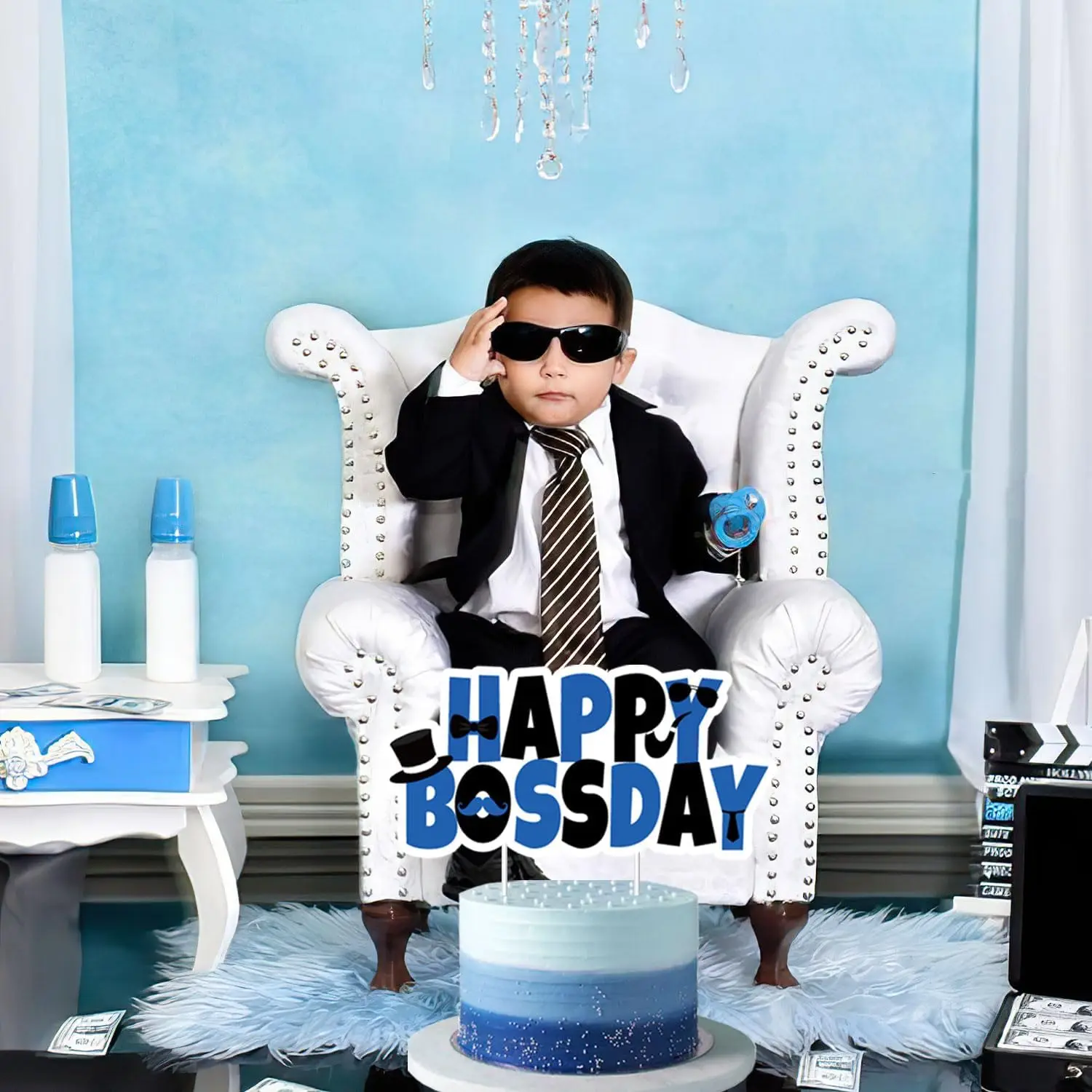 Фото Топпер для торта Cheereveal Happy Bossday Boss Boy, украшения для детской вечеринки, синий, черный, двойной принт, декор для торта для мальчиков, 1-й, 2-й, 3-й №5