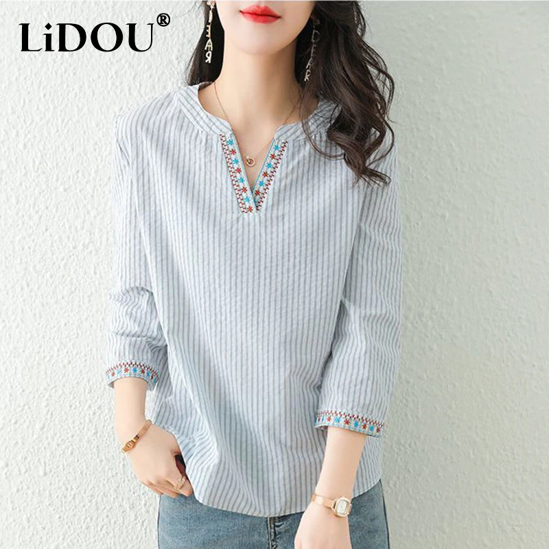 

2023 Summer New V-neck Striped Three Quarter Shirt Women Vintage Elegant Embroidered National Style Pullovers Ladies Cotton Tops