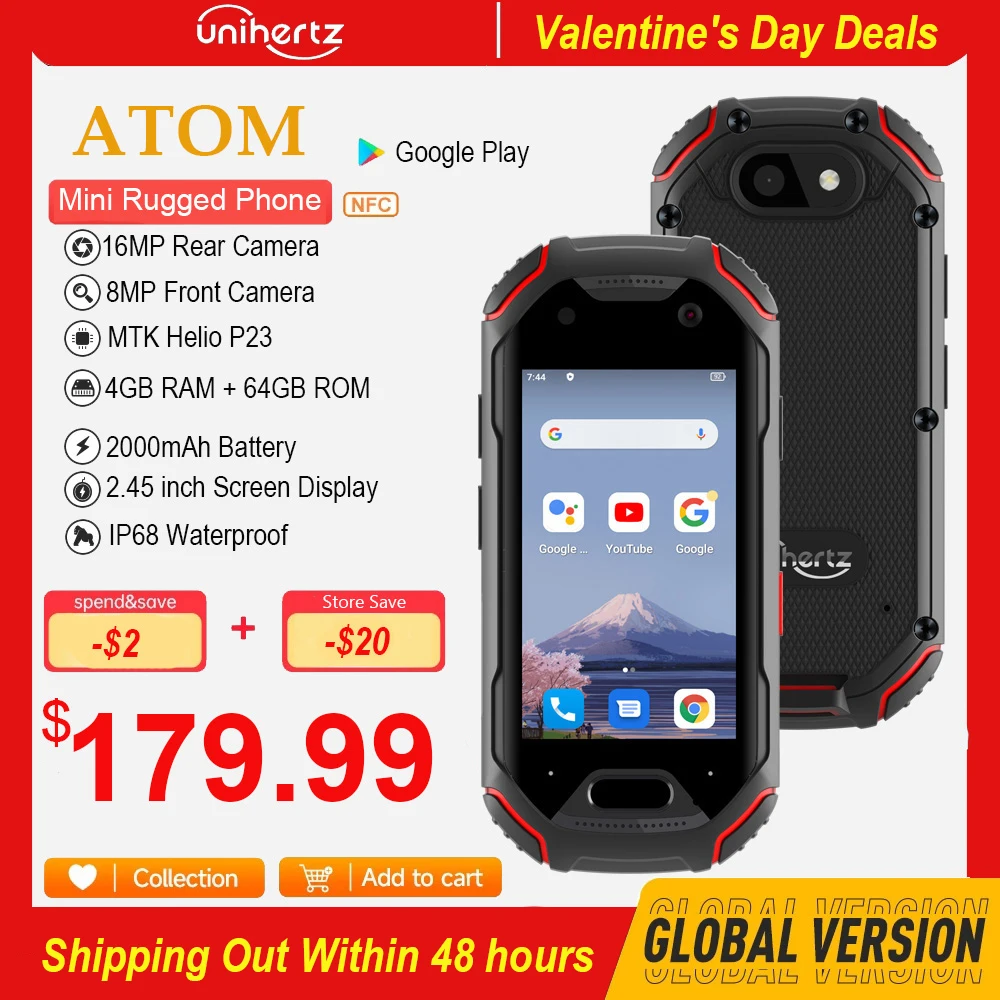 Unihertz Atom Small Rugged Smartphone Octa Core Android 9 4GB 64GB Cellphone P23 16MP 4G 2000mAh Battery 2.45'' Mobile Phone