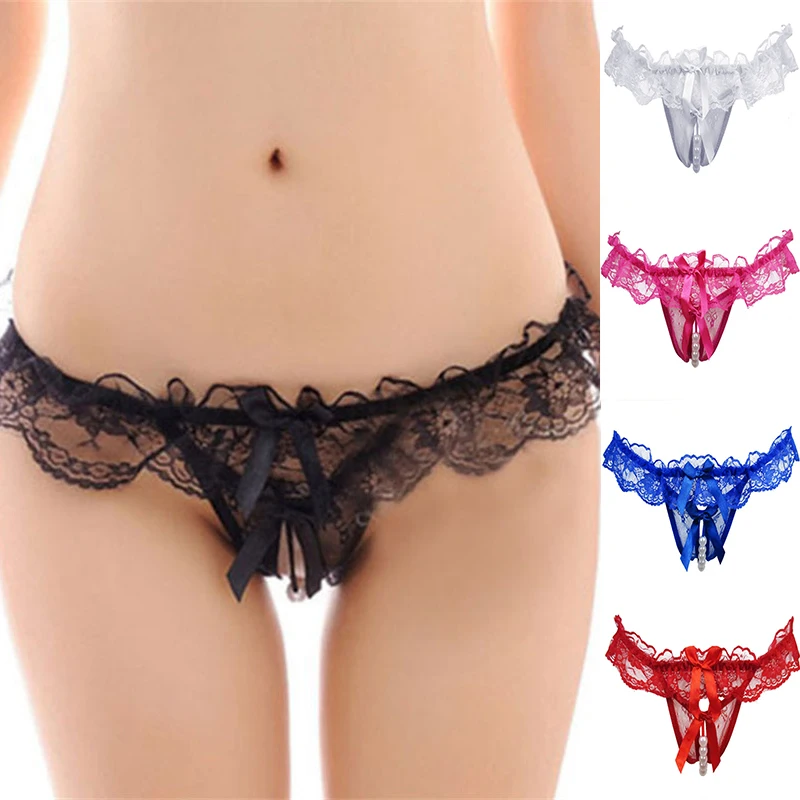 

Thongs G-string Bow Pearl Lace Sexy Open Crotch Panties Crotchless Underwear