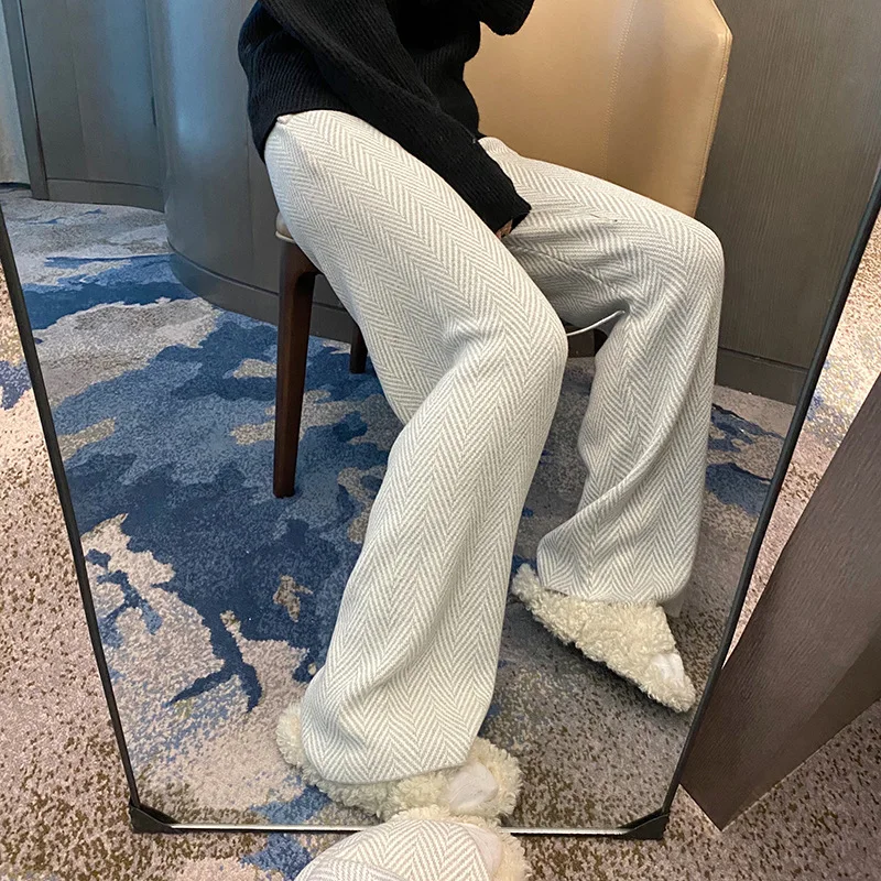 

Новые кашемировые широкие брюки с завышенной талией, женские толстые свободные прямые уличные брюки с шевроном, длинные брюки, повседневный вязаный тренд