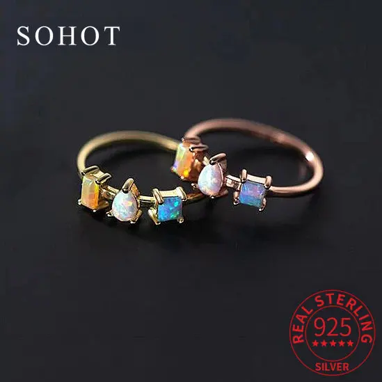 

Fashion 925 Sterling Silver Opal Triangle Square 18K Gold Ring For Fashion Women Trendy Fine Jewelry Cute Accessories