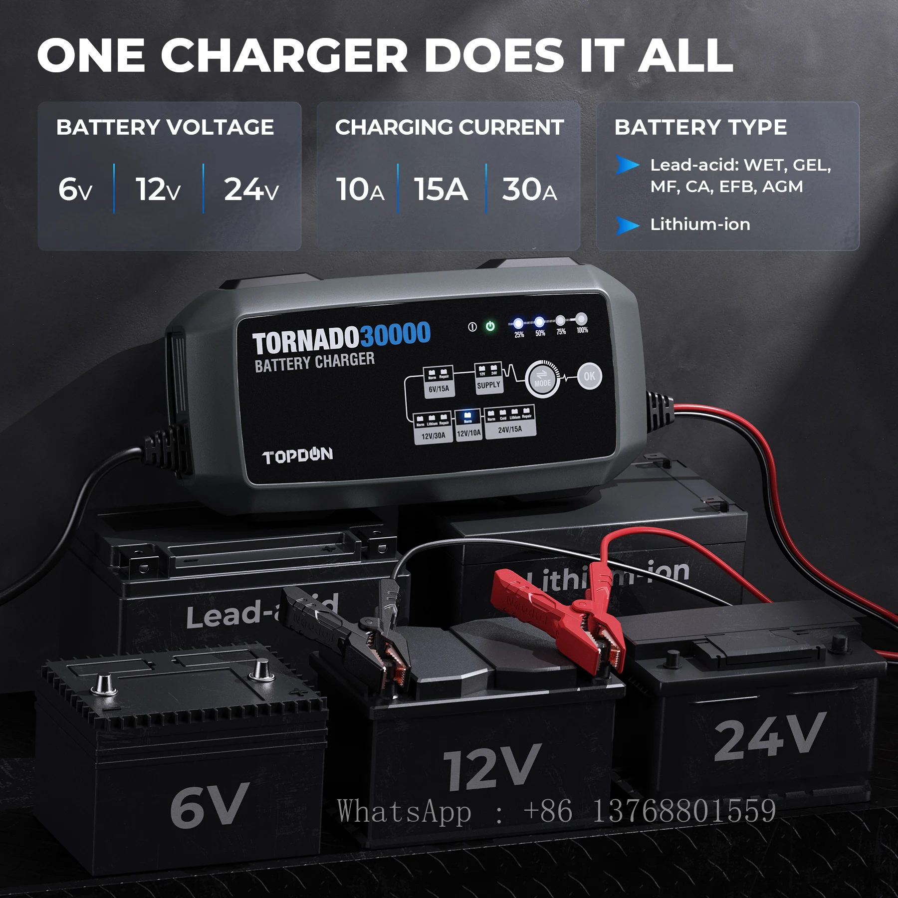 TOPDON T30A TORNADO30000 50 Ач до 1000 12 В-24 В 24 12/24 30 А Автоматическое портативное