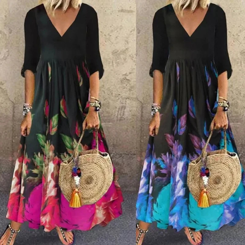 

Женское длинное плиссированное платье с цветочным принтом, V-образным вырезом и рукавом 3/4