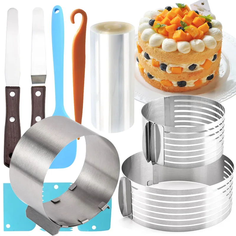 

Adjustable Round Mousse Ring Mold For Baking Cake Decoration 6 Layers Slicer Cake Mold Wrapping Tape Cake Collar Roll Packaging