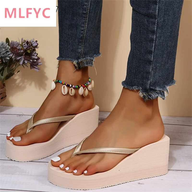 

2022 summer women's wedge heel clip-on sandals casual outer wear fashion frosted high-heeled thick-soled flip-flops