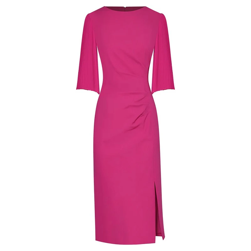 

Женское платье-карандаш с круглым вырезом, однотонное Плиссированное офисное платье с расклешенным рукавом, роскошная брендовая одежда для подиума, лето 2023