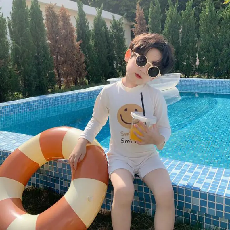 Summer Thin Smiling Face Zipper Swimming Boys New Romper Swimming Children Unisex Simple Stretch Quick Dry Swimming Costume