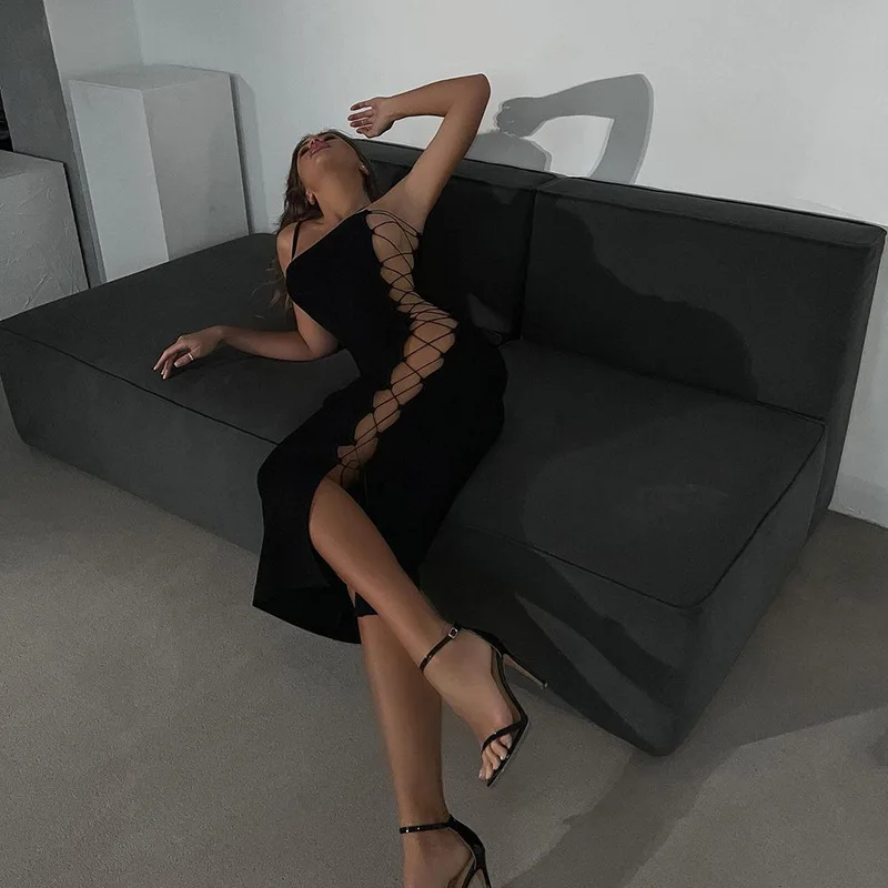 

Сексуальное облегающее платье с боковыми вырезами, облегающее платье на бретелях для женщин, черное блестящее Клубное платье для ночного к...