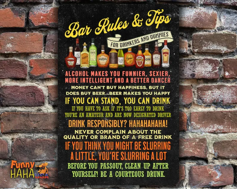 

Bar Rules for Drinkers and Dummies AntiqueStyle Funny Metal Sign