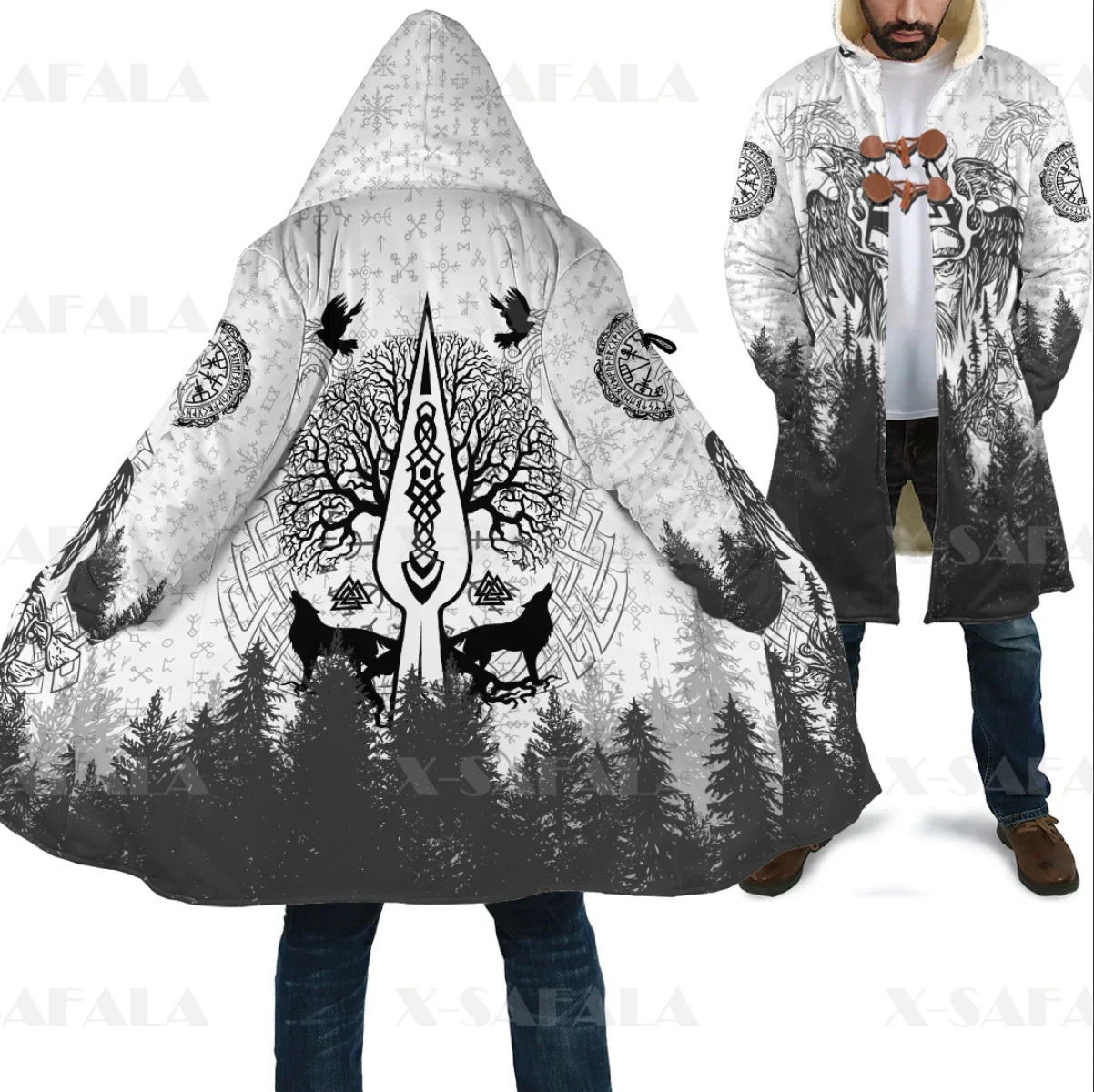 Capa gruesa y cálida con capucha para hombre, abrigo vikingo Thor y Mjolnir, abrigo con estampado 3D, bata de lana a prueba de viento, manta con capucha-3