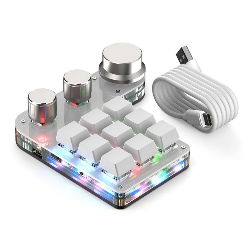 

Custom Macro Keyboard Hot Swap Mini 9 Keys 3 Knob RGB 18 Characters Mechanical Keyboard Red Switch, BT White