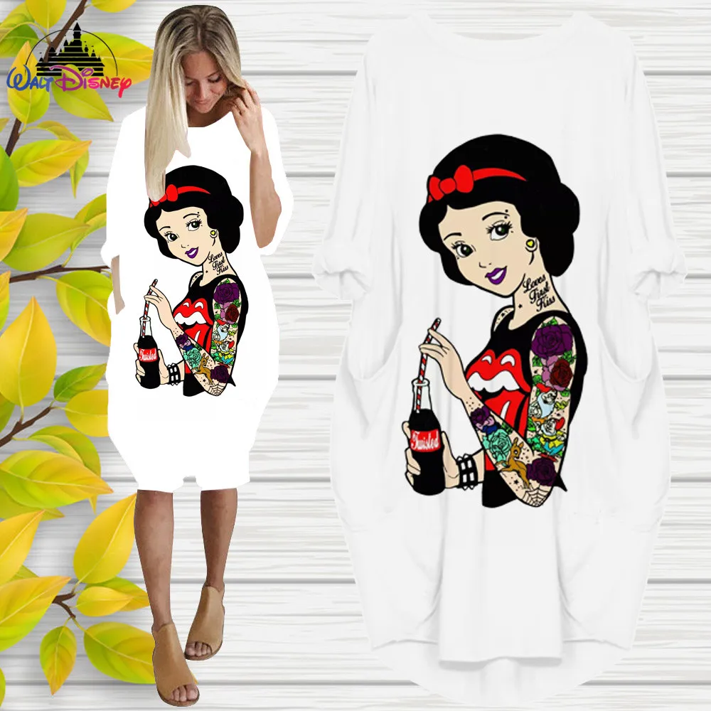 

Disney Princess Tattoos Snow White 3D High Quality Printing Girl Trend Wild Loose Long Sleeve Over The Knee Dress Womens