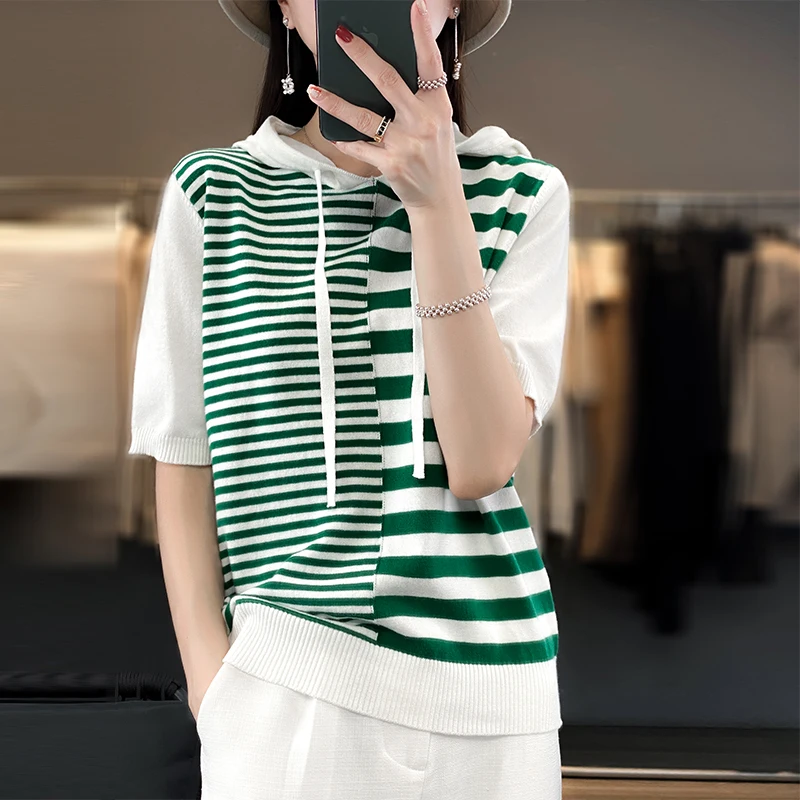

Women Hooded Cotton Fashion 2023 New Summer T Shirts Female Splicing Striped Short Sleeve Tee Shirt Feminine Loose Tops Pullover