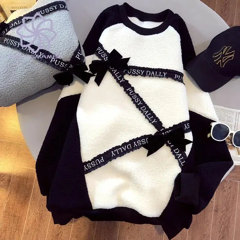 

Medium Length Crew Neck Long Sleeve Sweaters for Women 2023 Autumn Winter New Vintage Plush Thick Coats