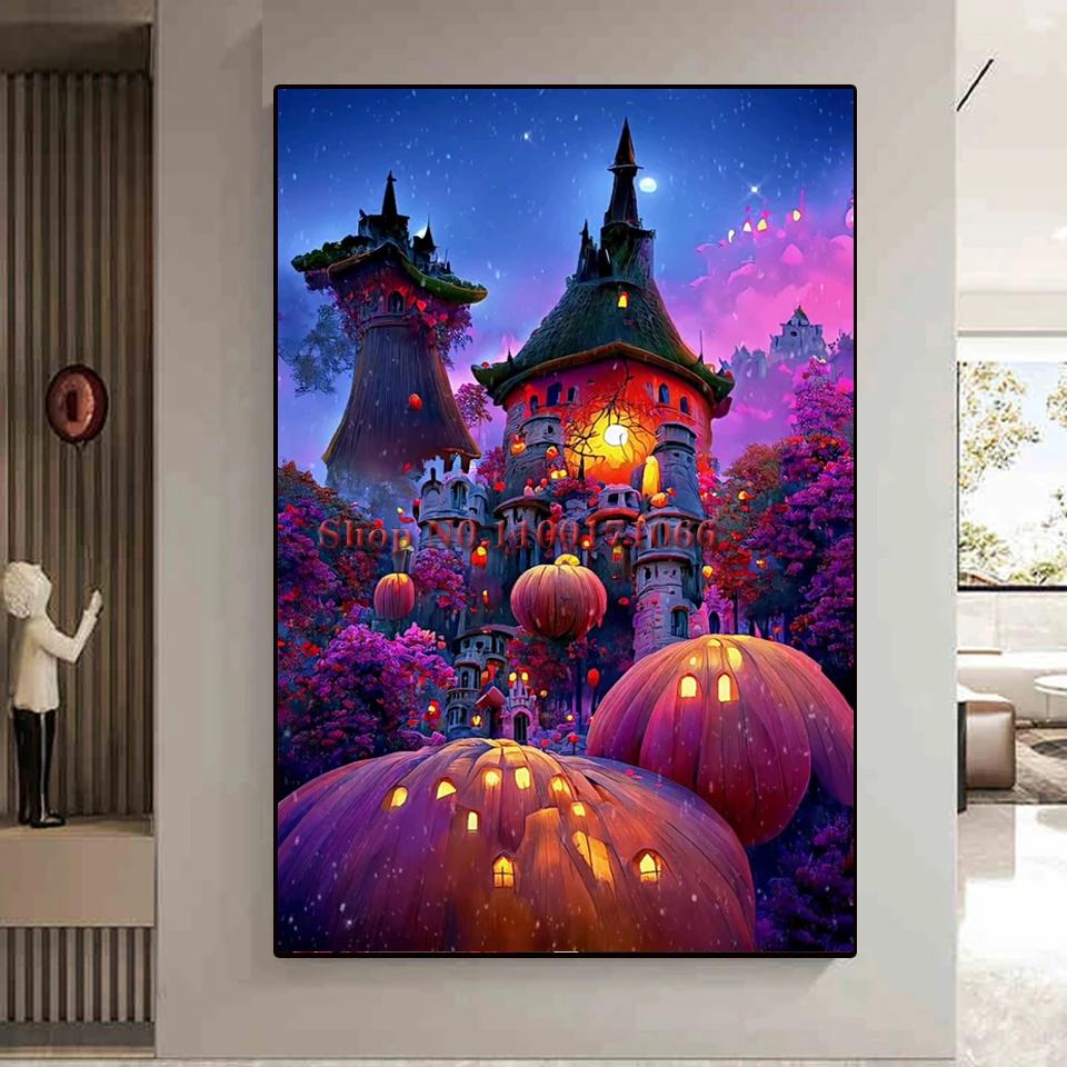 Алмазная 5d картина вышивка крестиком в виде тыквы фонаря замка пейзажа мозаика